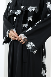 Lace-Detailed Abaya with Matching Hijab 7095 Black - view 6
