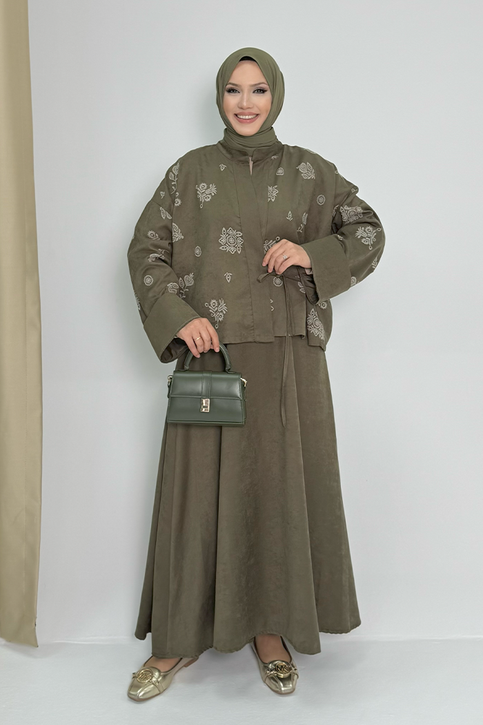 Patterned Jacket and Skirt Set 8718 Khaki — view 1
