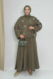 Patterned Jacket and Skirt Set 8718 Khaki — view 1