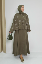 Patterned Jacket and Skirt Set 8718 Khaki — view 2
