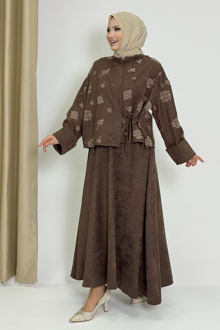 Patterned Jacket and Skirt Set 8718 Brown — view 1