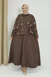 Patterned Jacket and Skirt Set 8718 Brown — view 2