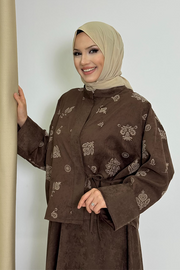 Patterned Jacket and Skirt Set 8718 Brown — view 5