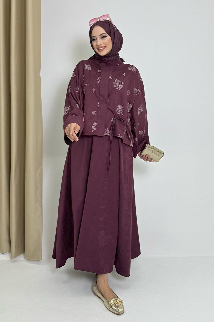 Patterned Jacket and Skirt Set 8718 Plum