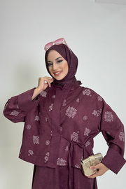 Patterned Jacket and Skirt Set 8718 Plum — view 4
