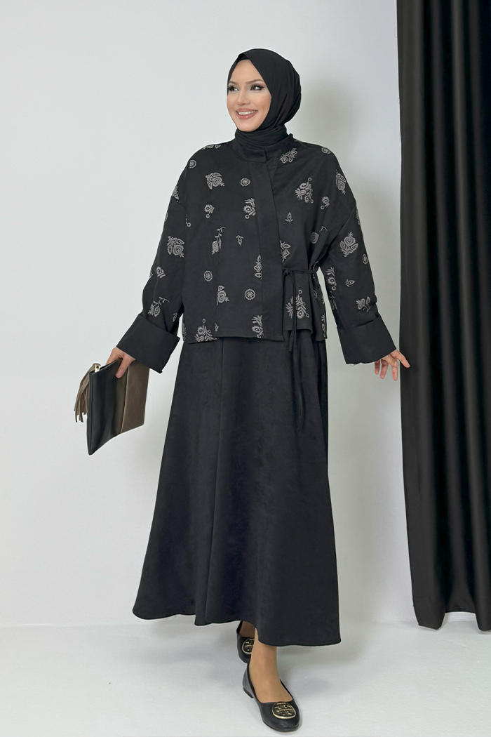 Patterned Jacket and Skirt Set 8718 Black — view 1