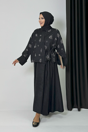 Patterned Jacket and Skirt Set 8718 Black — view 3