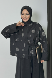 Patterned Jacket and Skirt Set 8718 Black — view 5