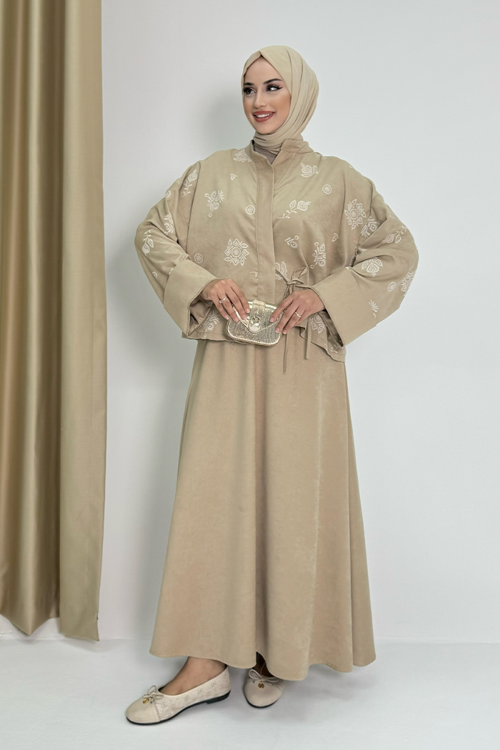 Patterned Jacket and Skirt Set 8718 Stone — view 1
