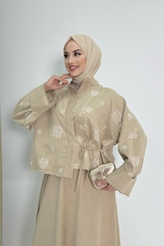 Patterned Jacket and Skirt Set 8718 Stone — view 3
