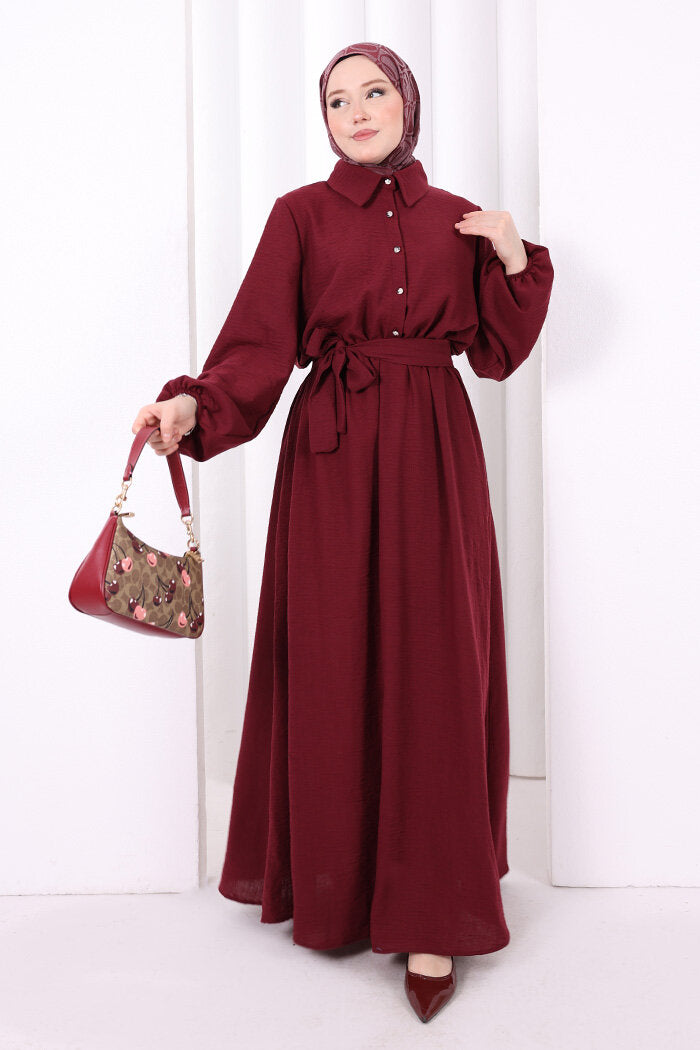 Button-Detailed Dress 6097 Burgundy