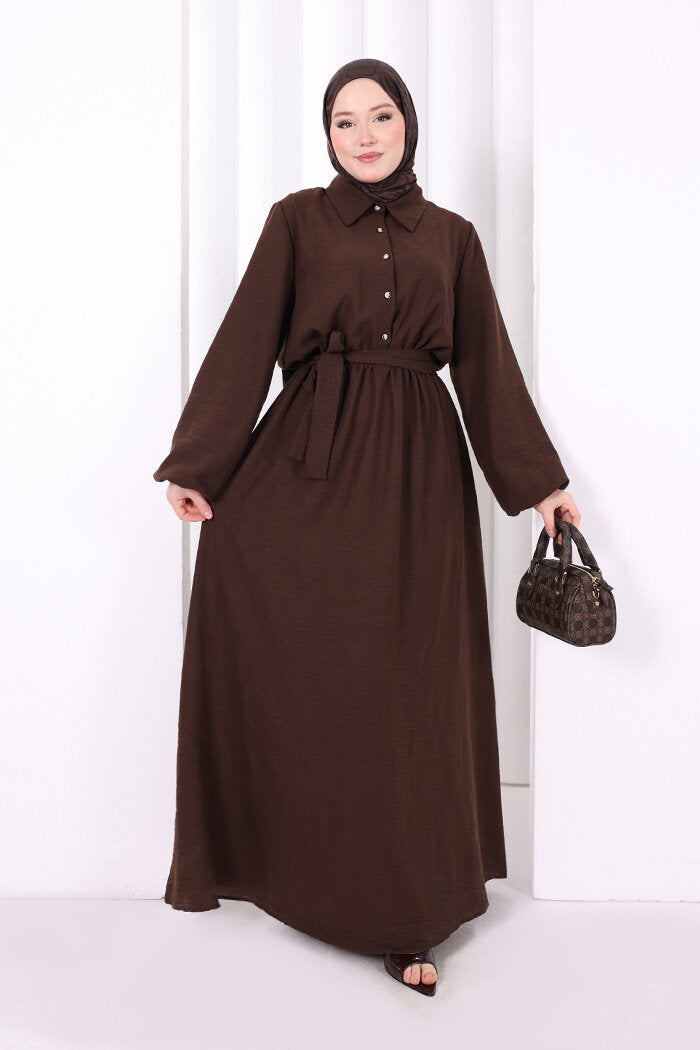 Button-Detailed Dress 6097 Brown