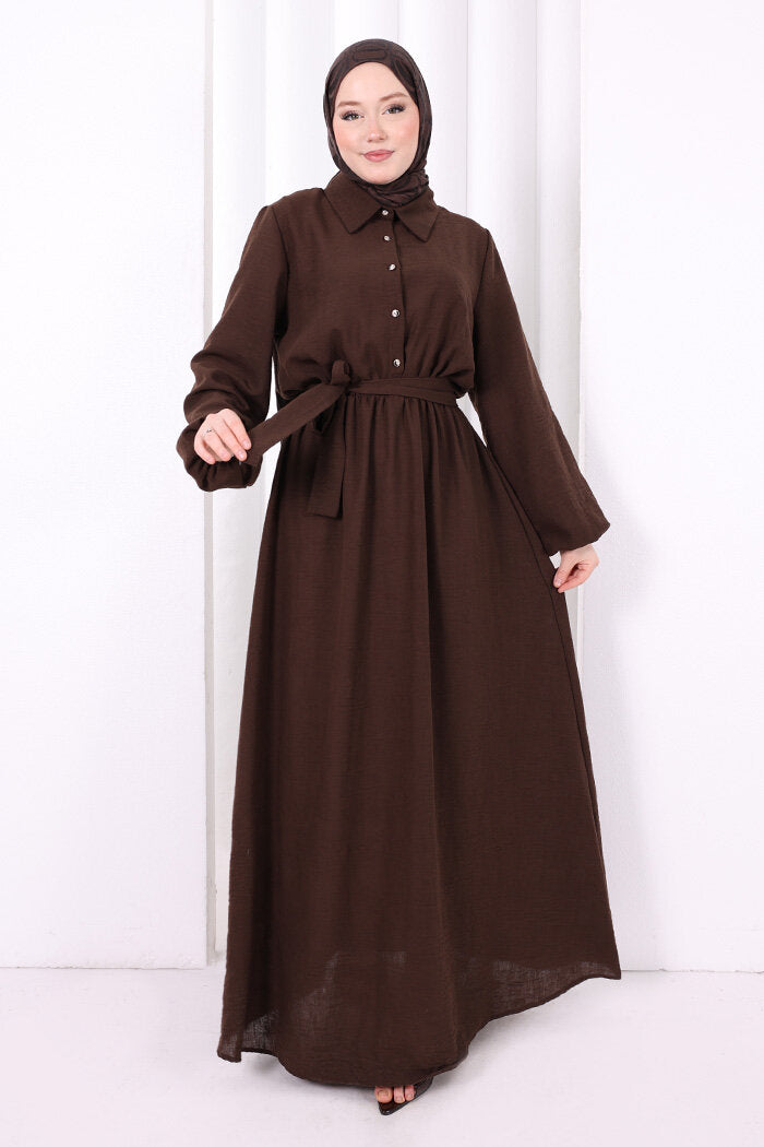 Button-Detailed Dress 6097 Brown