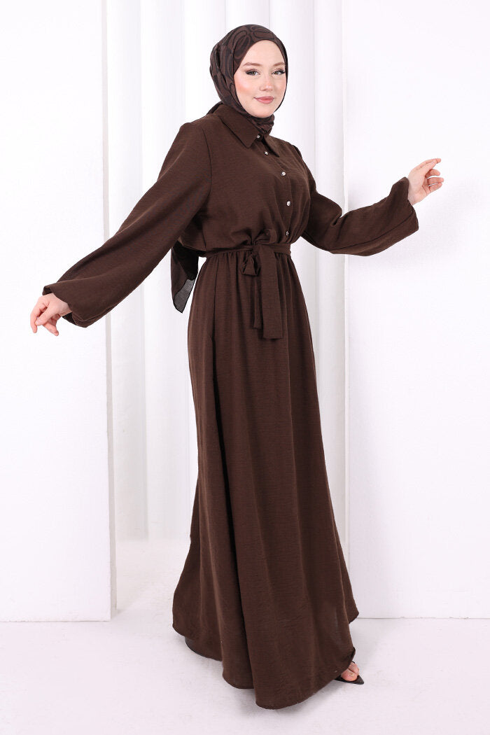 Button-Detailed Dress 6097 Brown
