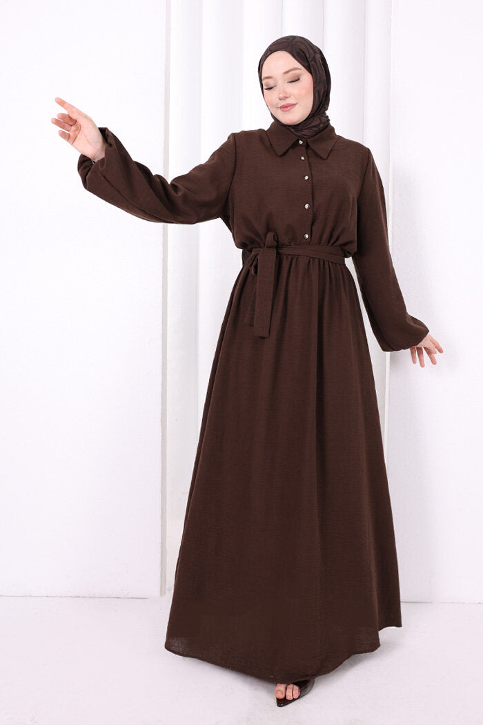 Button-Detailed Dress 6097 Brown