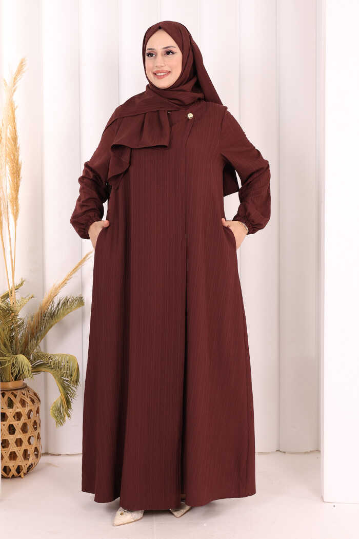 Button Detail Abaya with Attached Shawl 7058 in Burgundy, view 1