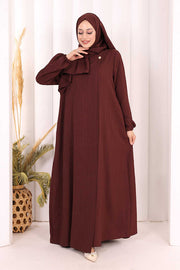 Button Detail Abaya with Attached Shawl 7058 in Burgundy, view 2