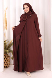 Button Detail Abaya with Attached Shawl 7058 in Burgundy, view 3