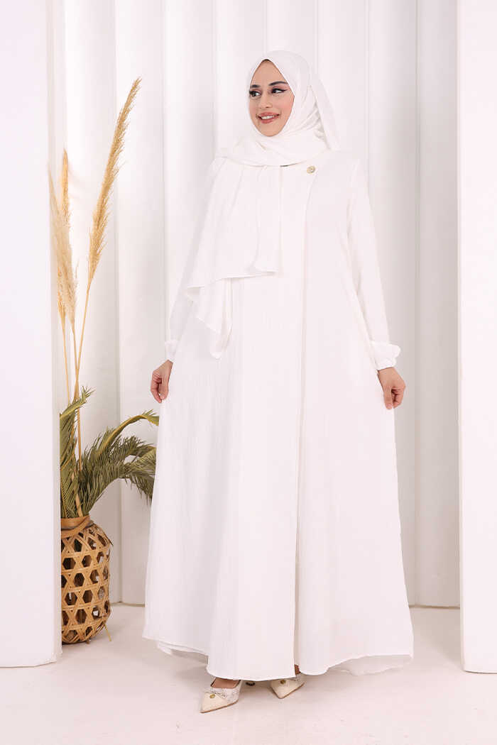 Button Detail Abaya with Attached Shawl 7058 Ecru