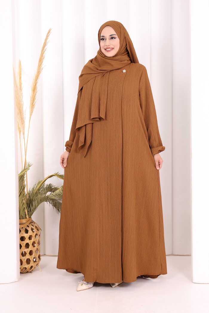 Button Detail Abaya with Attached Shawl 7058 in Brown, view 1
