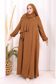 Button Detail Abaya with Attached Shawl 7058 in Brown, view 2