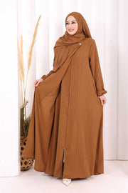 Button Detail Abaya with Attached Shawl 7058 in Brown, view 3