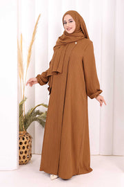 Button Detail Abaya with Attached Shawl 7058 in Brown, view 4