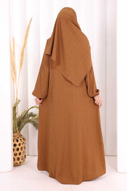 Button Detail Abaya with Attached Shawl 7058 in Brown, view 5
