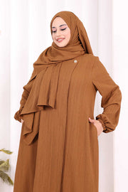 Button Detail Abaya with Attached Shawl 7058 in Brown, view 6