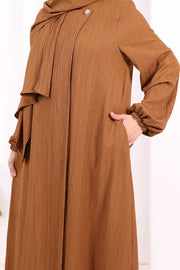 Button Detail Abaya with Attached Shawl 7058 in Brown, view 7