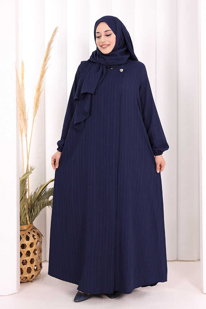 Button Detail Abaya with Attached Shawl 7058 Navy