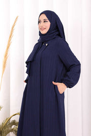 Button Detail Abaya with Attached Shawl 7058 in Navy, view 5