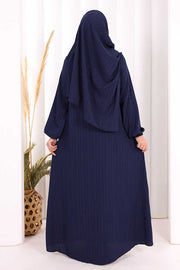 Button Detail Abaya with Attached Shawl 7058 in Navy, view 7