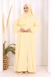 Button Detail Abaya with Attached Shawl 7058 in Yellow, view 1