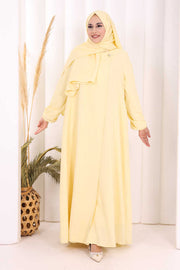 Button Detail Abaya with Attached Shawl 7058 in Yellow, view 2
