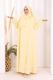 Button Detail Abaya with Attached Shawl 7058 in Yellow, view 3