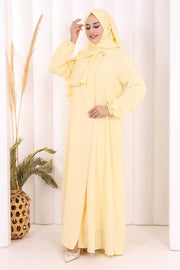 Button Detail Abaya with Attached Shawl 7058 in Yellow, view 4