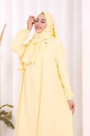Button Detail Abaya with Attached Shawl 7058 in Yellow, view 6