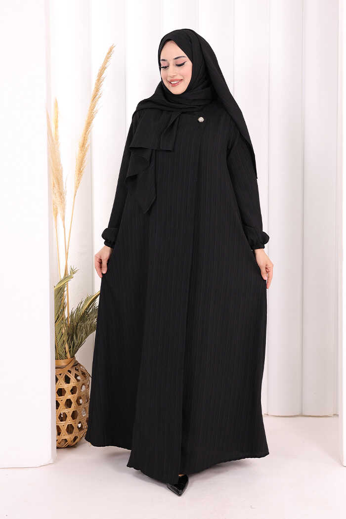 Button Detail Abaya with Attached Shawl 7058 Black