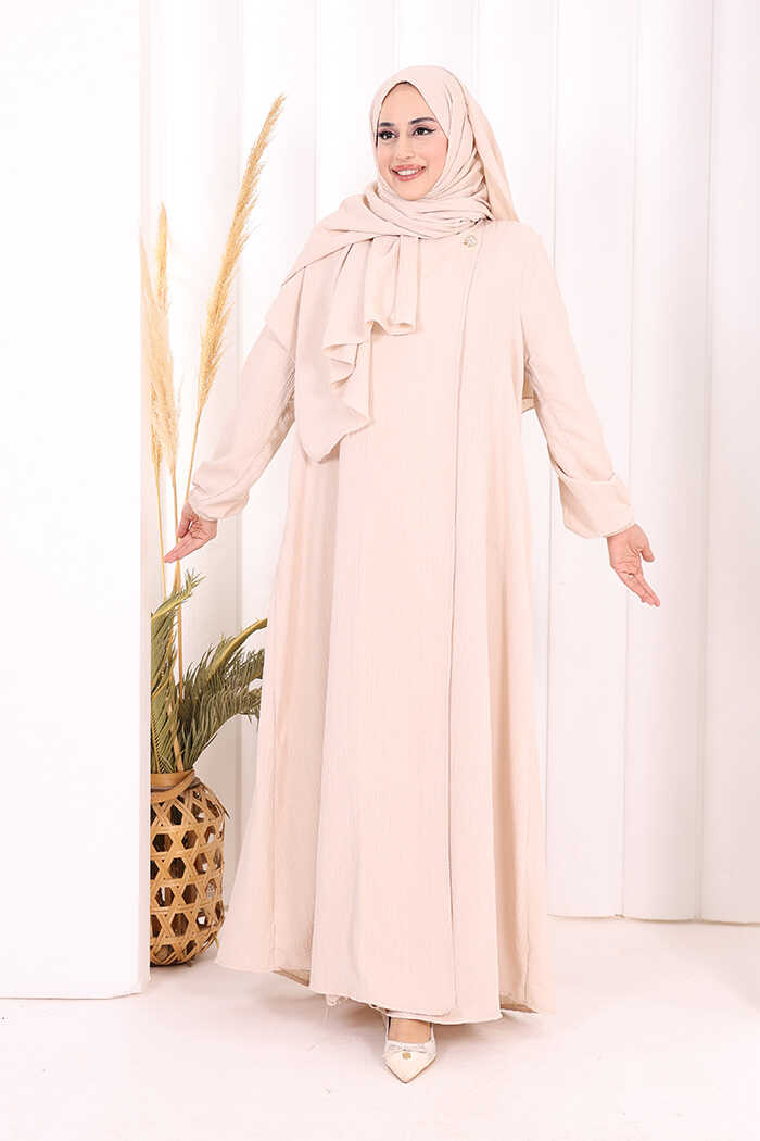 Button Detail Abaya with Attached Shawl 7058 in Stone, view 1