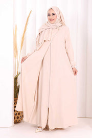Button Detail Abaya with Attached Shawl 7058 in Stone, view 4
