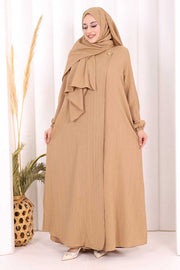 Button Detail Abaya with Attached Shawl 7058 in Mink, view 1