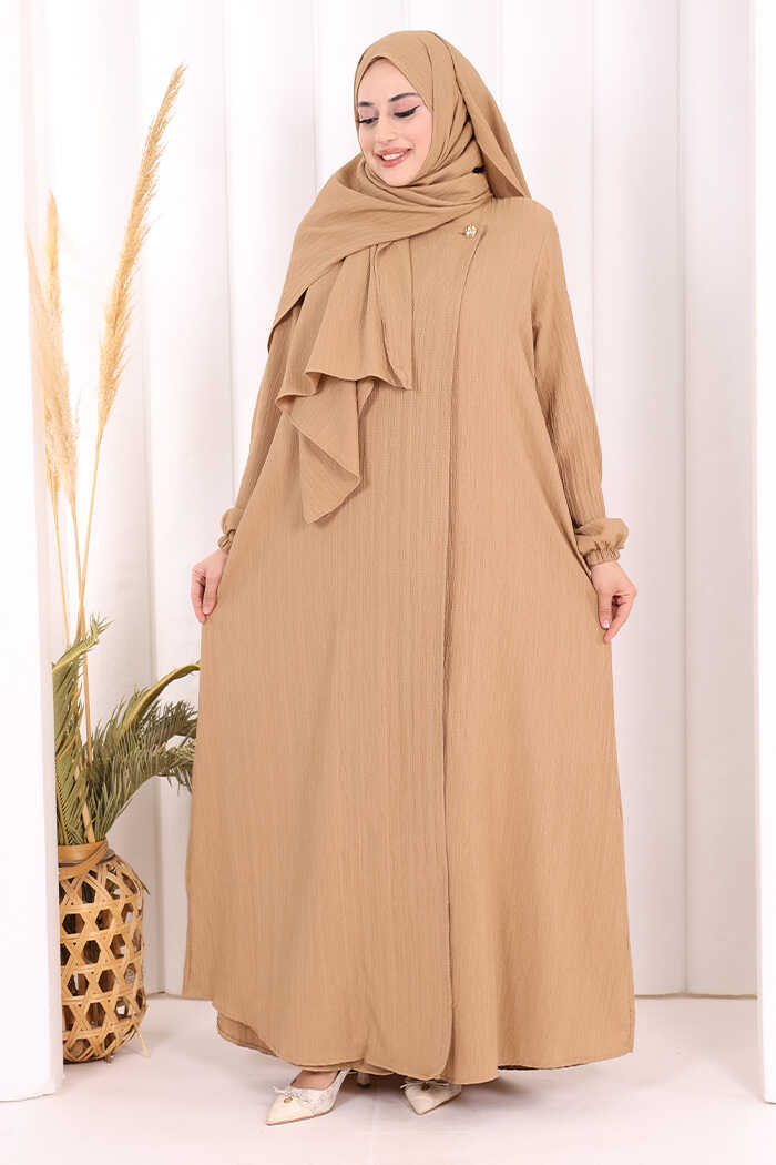 Button Detail Abaya with Attached Shawl 7058 Mink