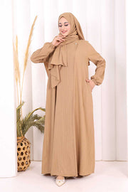 Button Detail Abaya with Attached Shawl 7058 in Mink, view 2