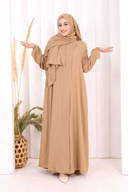 Button Detail Abaya with Attached Shawl 7058 in Mink, view 3