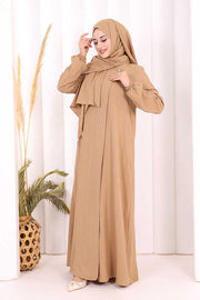 Button Detail Abaya with Attached Shawl 7058 in Mink, view 4