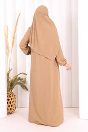 Button Detail Abaya with Attached Shawl 7058 in Mink, view 5