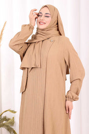 Button Detail Abaya with Attached Shawl 7058 in Mink, view 6