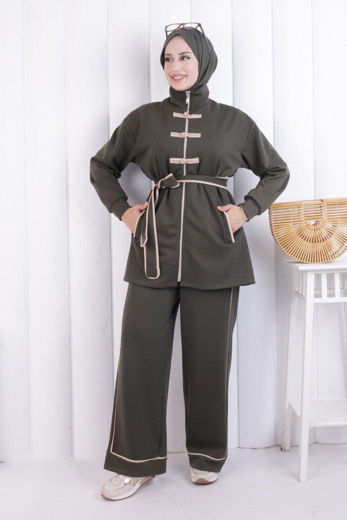 Zip-Front Button Detail Tunic and Trouser Set 1206 Khaki