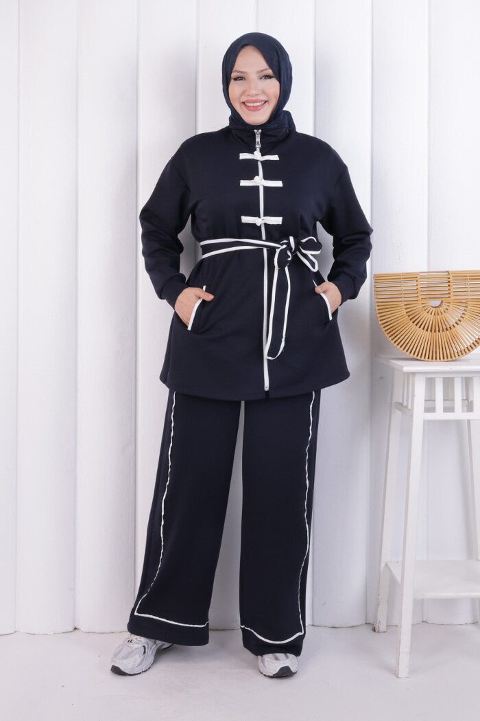 Zip-Front Button Detail Tunic and Trouser Set 1206 Navy — view 1